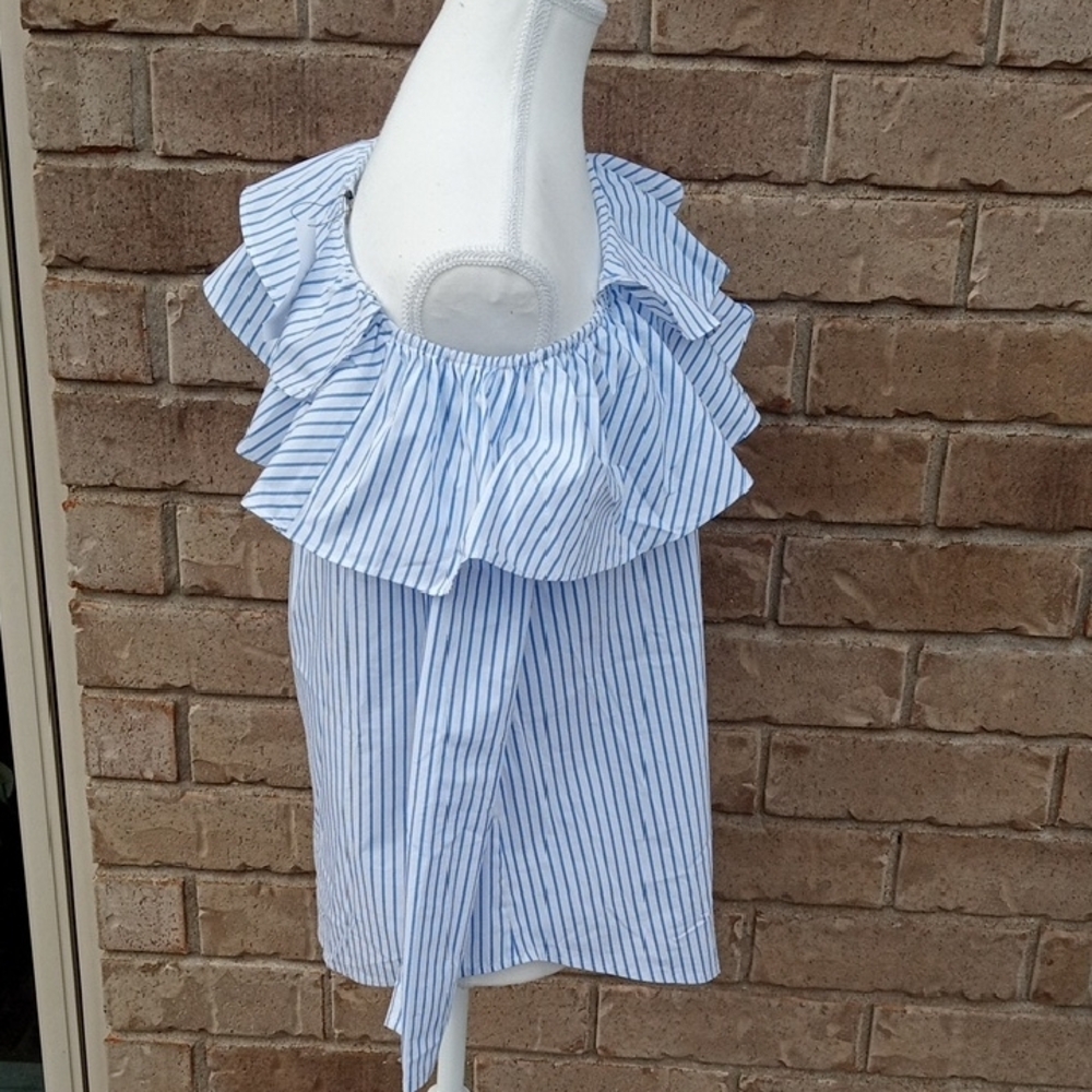 Calvin Klein Striped Off-Shoulder Ruffle Blouse - Picture 5 of 15